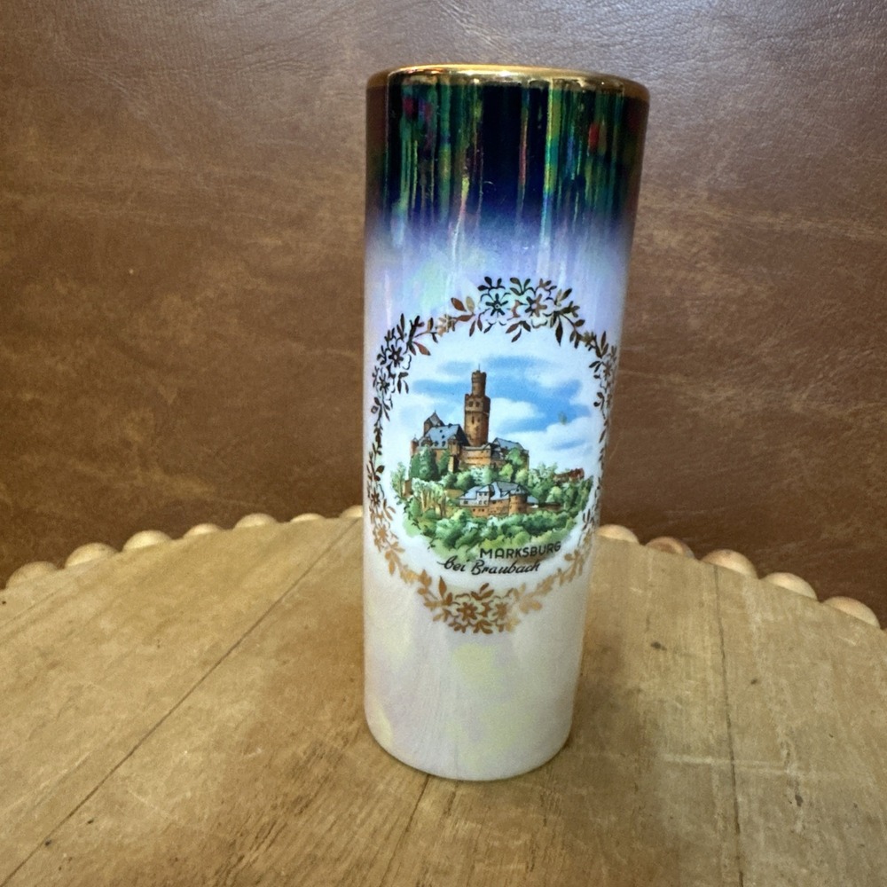Gerold Porzellan Bavaria Small Vase With Marksburg City Scene Gold Trim Iridesce